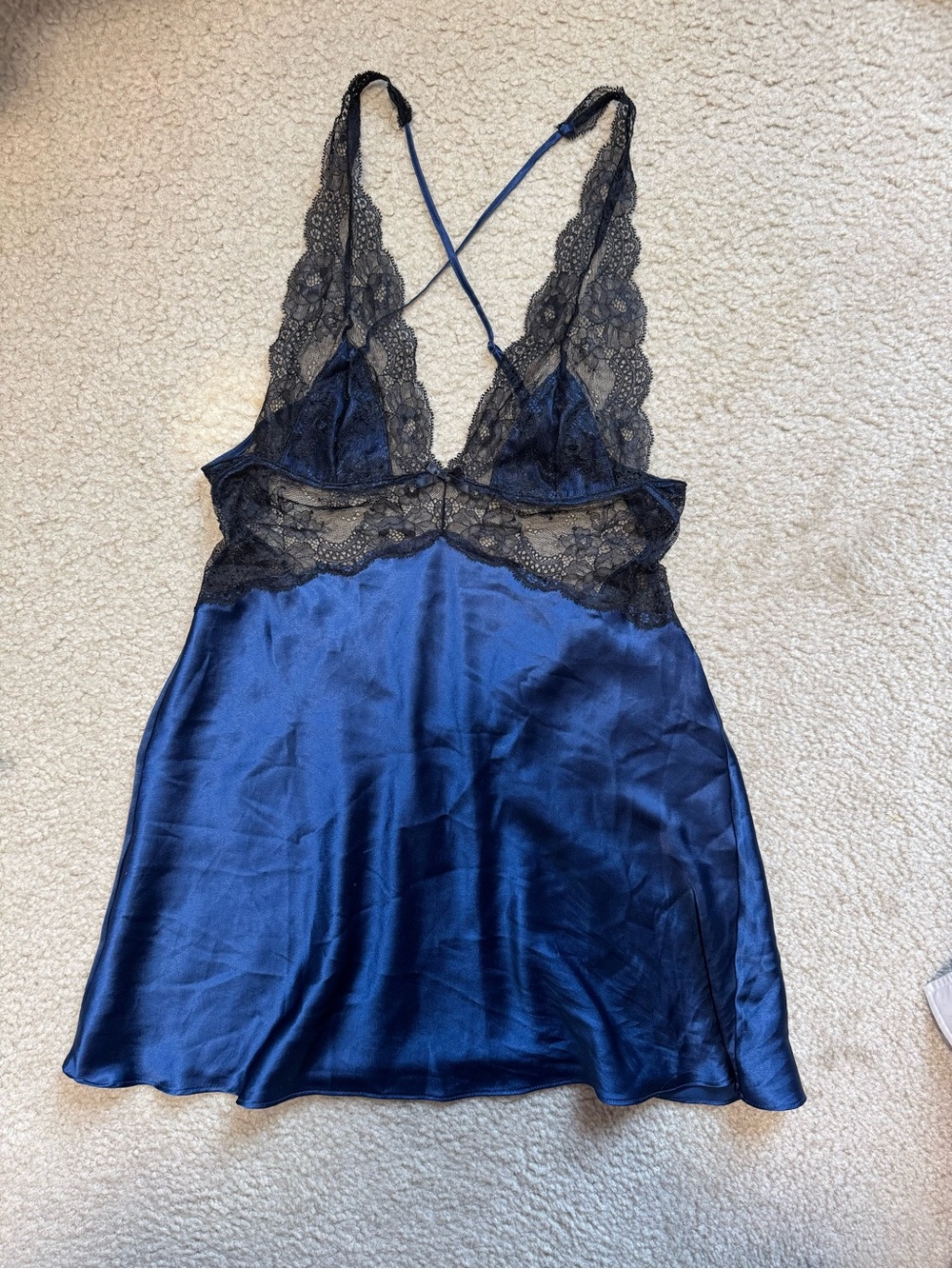 Victoria's Secret Navy Blue Satin Chemise with Black Lace